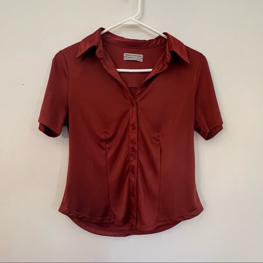 Urban Outfitters Red Satin Button Down Short Sleeve Top